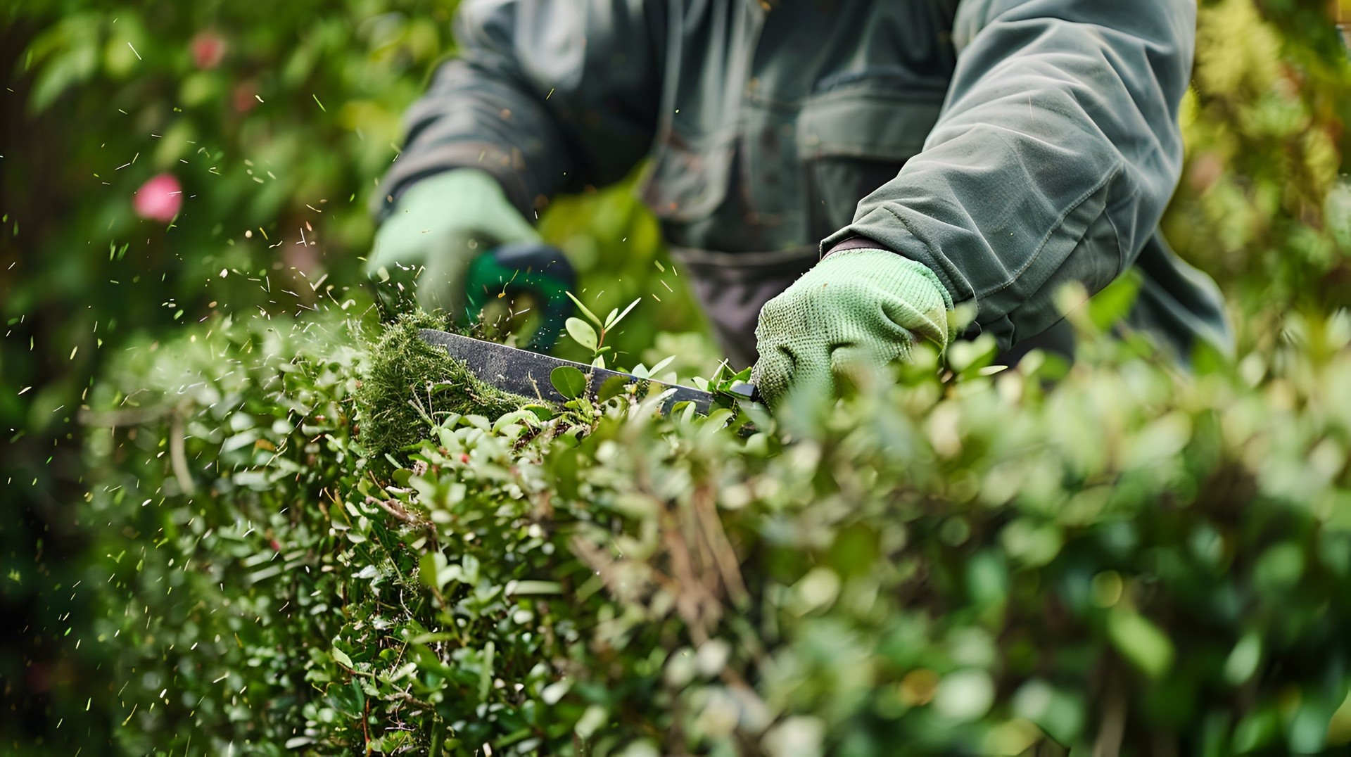 gardener trims hedge